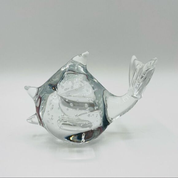 Clear Blown Art Glass Bullicante Controlled Bubbles Fish Paperweight - Picture 1 of 4